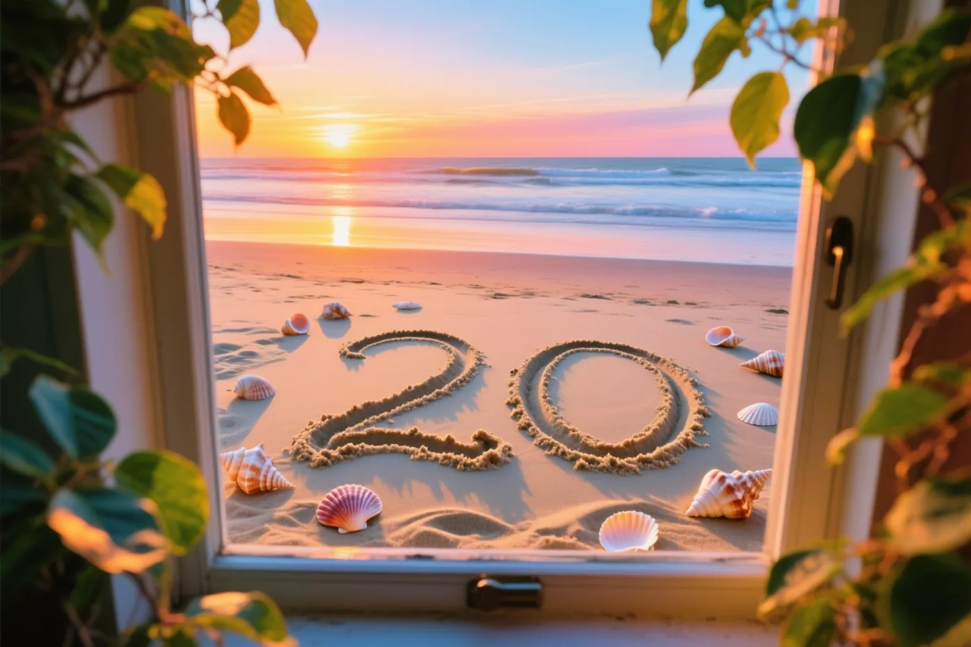 Het getal 20 staat in het zand tussen schelpen bij zonsondergang, gezien door een raam met groene bladeren eromheen.