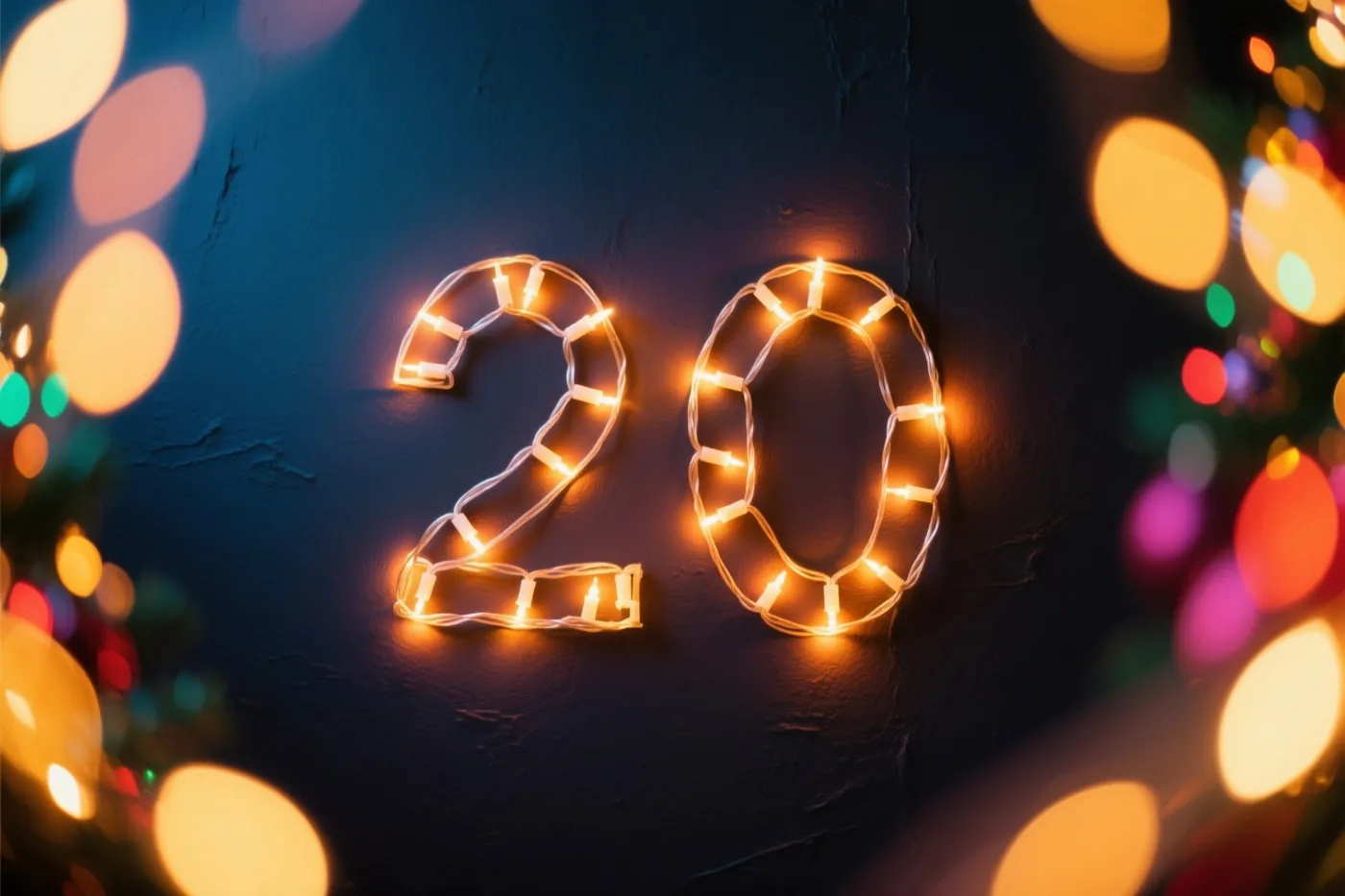Warme lichtslingers vormen 20 op een donkere muur met structuur, omringd door kleurrijke onscherpe feestlichtjes.