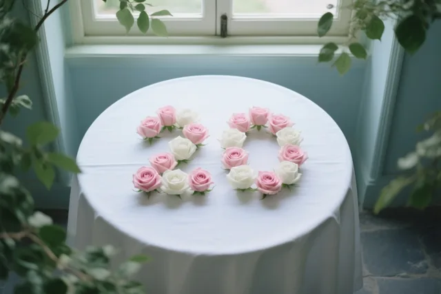 Het getal 20 van roze en witte rozen ligt op een wit tafelkleed bij een raam, van bovenaf gezien met groene bladeren langs de rand van het beeld.