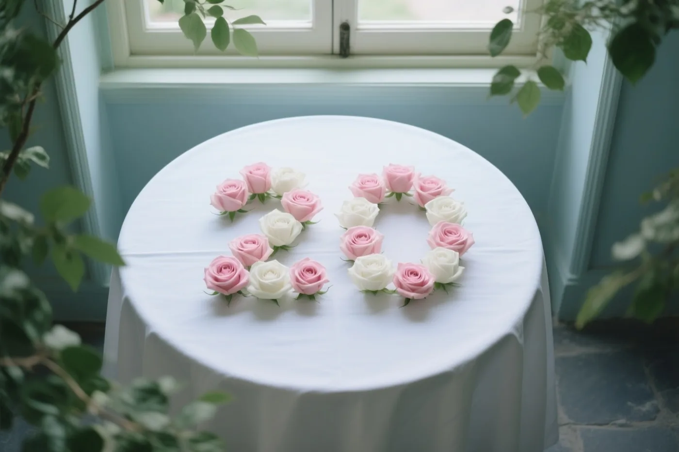 Het getal 20 van roze en witte rozen ligt op een wit tafelkleed bij een raam, van bovenaf gezien met groene bladeren langs de rand van het beeld.