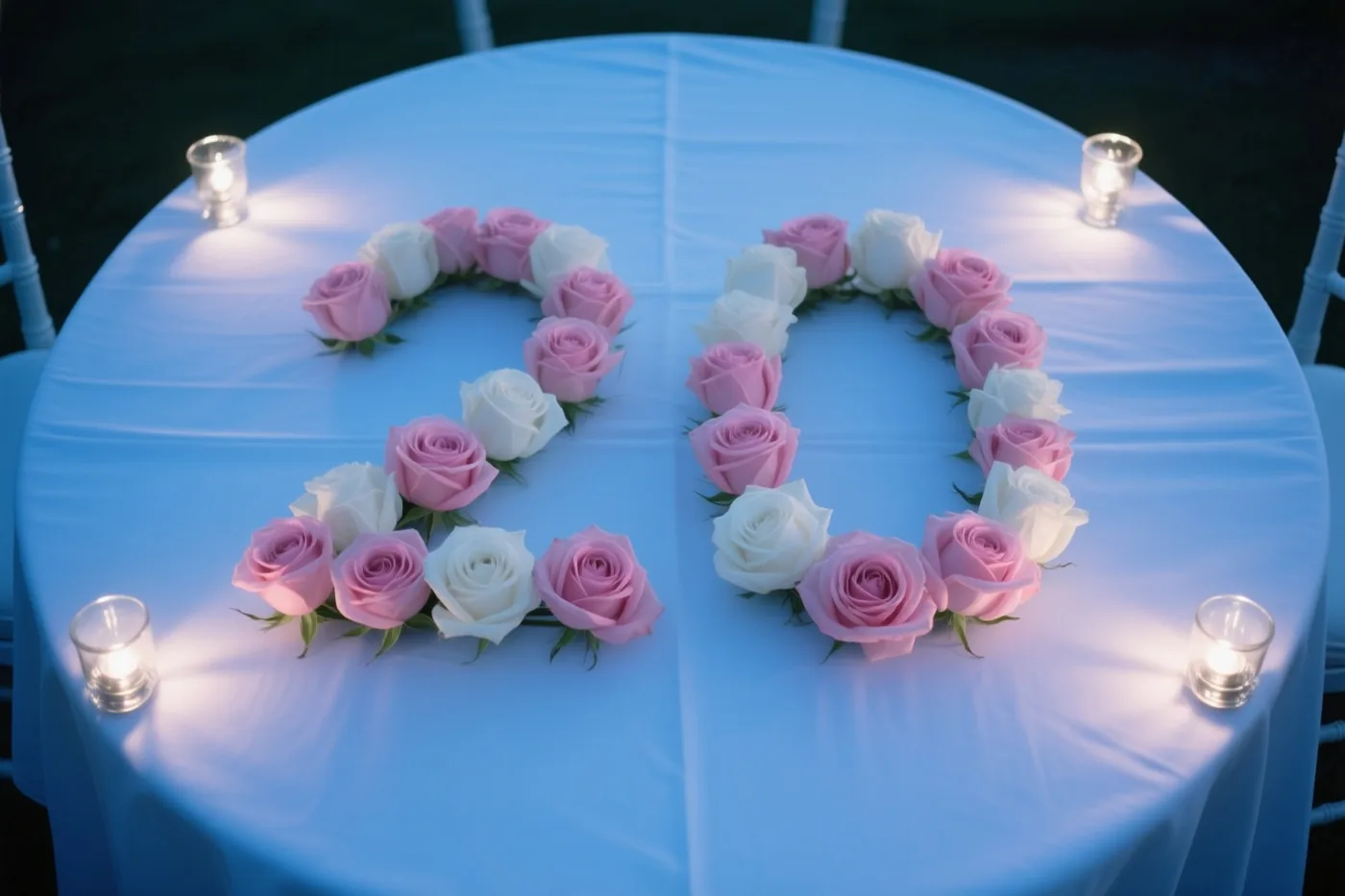 Van bovenaf is het getal 20 van roze en witte rozen op een wit tafelkleed te zien, verlicht door kleine kaarsjes rond de tafel.