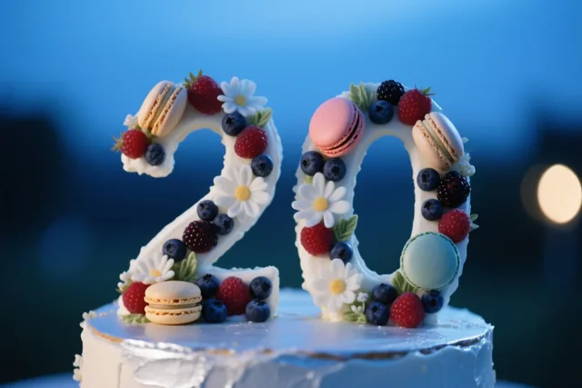 Een taart in de vorm van 20 is versierd met bessen, macarons en eetbare bloemen, tegen een onscherpe blauwe achtergrond met warme lichtvlekken.