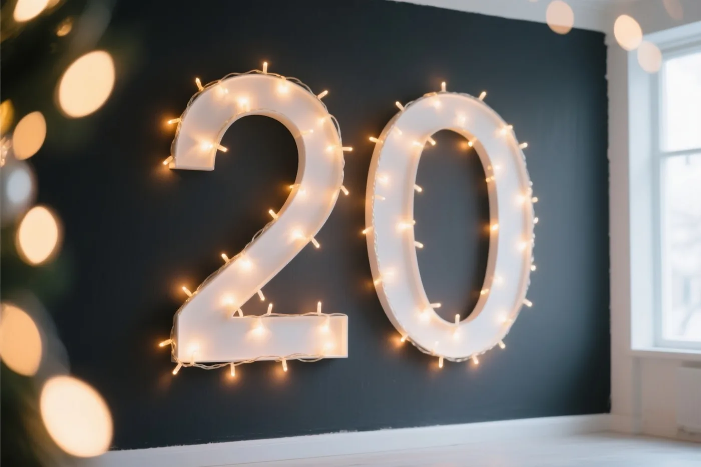 Warme lichtslingers vormen 20 op een donkere muur, met onscherpe feestlichtjes op de voorgrond en de achtergrond.