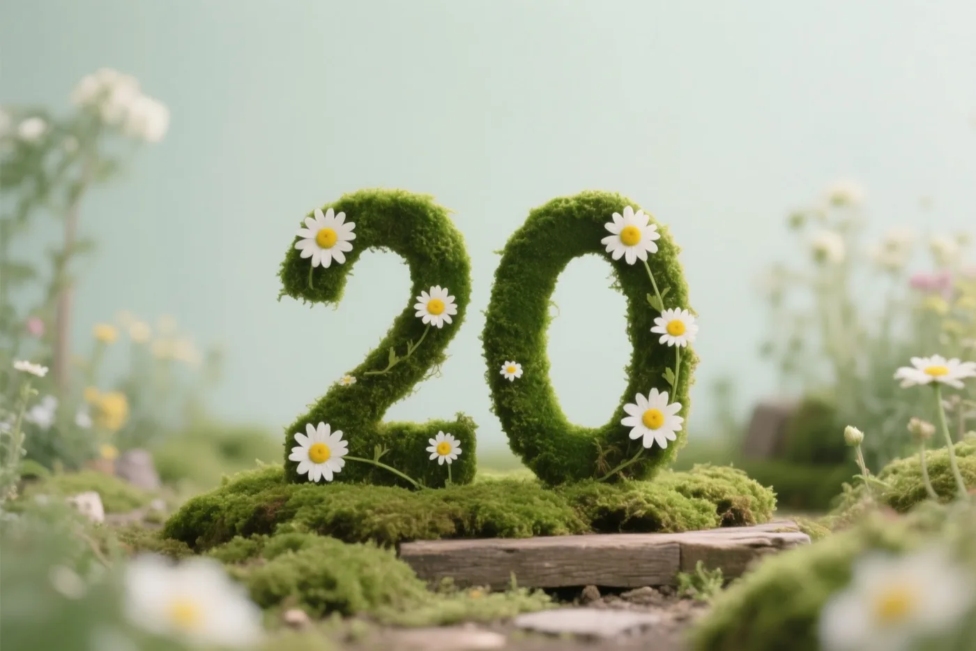 Het getal 20 van groen mos is versierd met witte madeliefjes en staat in een landelijke tuin met onscherpe bloemen op de achtergrond.