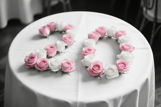 Roze en witte rozen vormen het getal 20 op een wit tafelkleed, recht van bovenaf gefotografeerd.