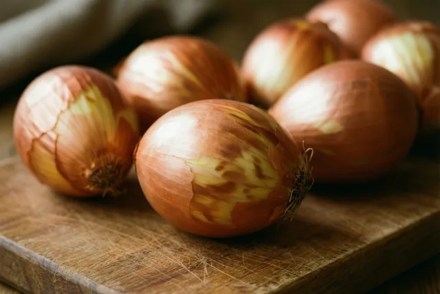 Hele uien met bruine en gele schillen liggen op een versleten houten snijplank in warm licht.
