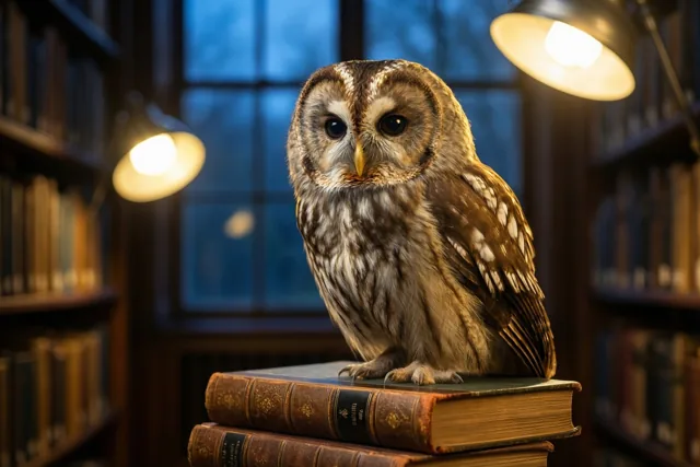 Een bruin-witte uil zit op oude, in leer gebonden boeken in een schemerige bibliotheek met warme bureaulampen, boekenkasten en een raam.