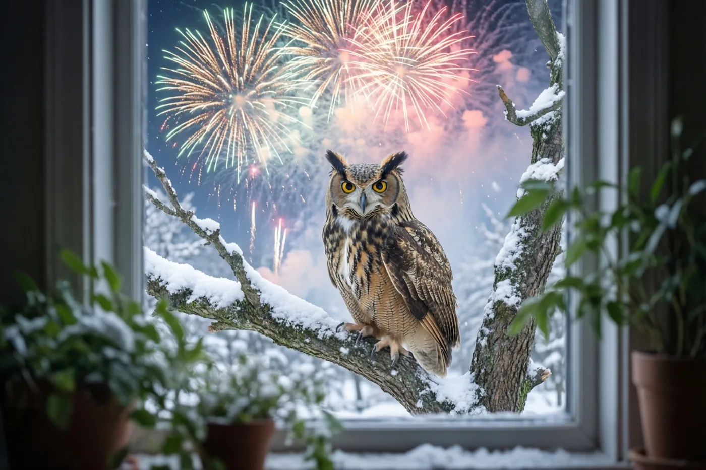 Door een raam is een uil met felgele ogen op een besneeuwde tak te zien, met kleurrijk vuurwerk achter hem en besneeuwde potplanten op de voorgrond.