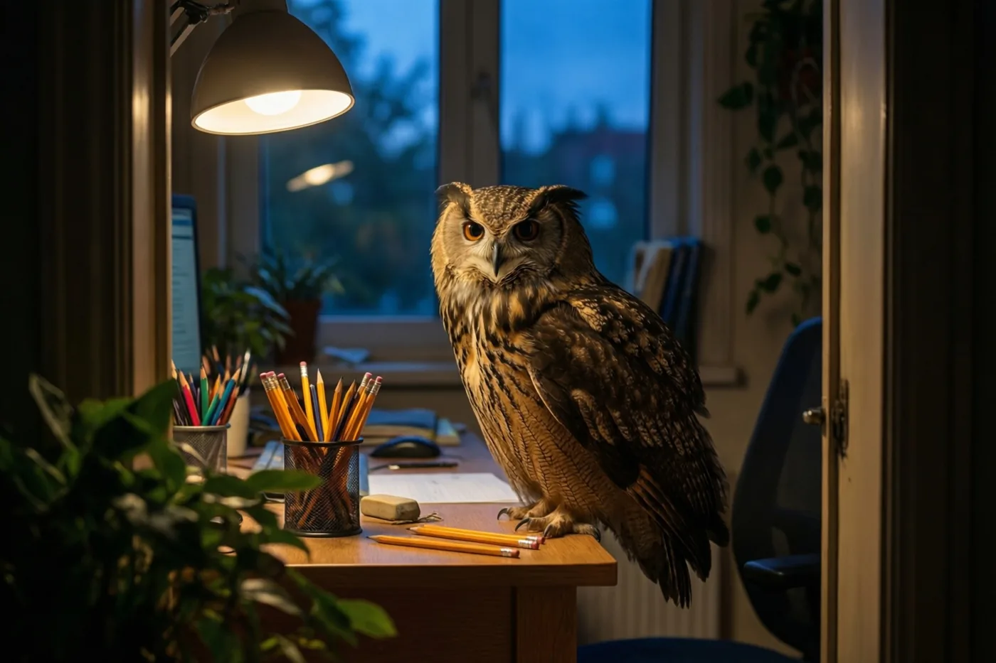 Een uil zit op een houten bureau naast geslepen potloden en een gom, onder een brandende bureaulamp in een schemerige kamer met een raam.