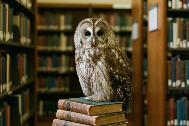 Een uil met bruine en witte veren zit op oude, in leer gebonden boeken in een bibliotheek met gevulde houten boekenkasten.