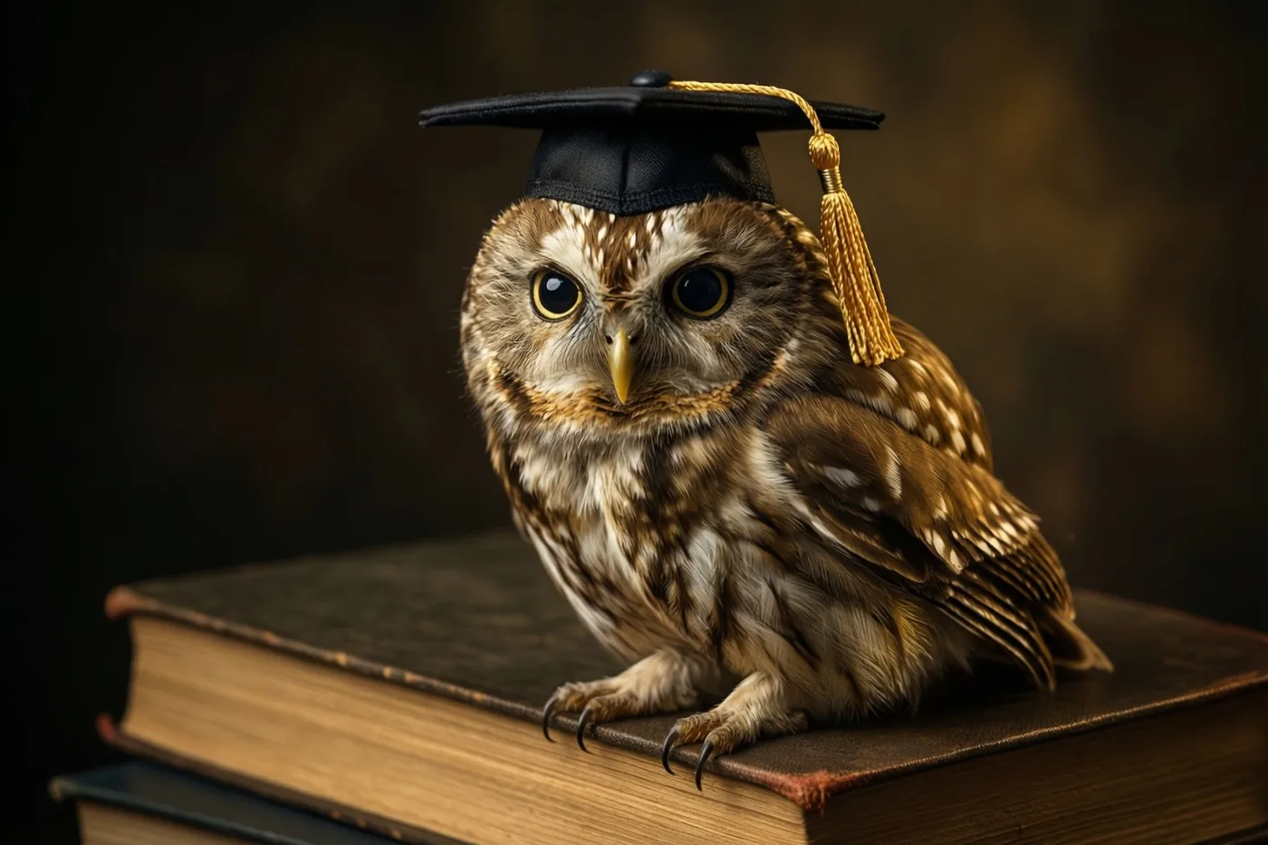 Een uil met een afstudeerhoed zit op oude boeken tegen een donkere, onscherpe achtergrond in warm licht.