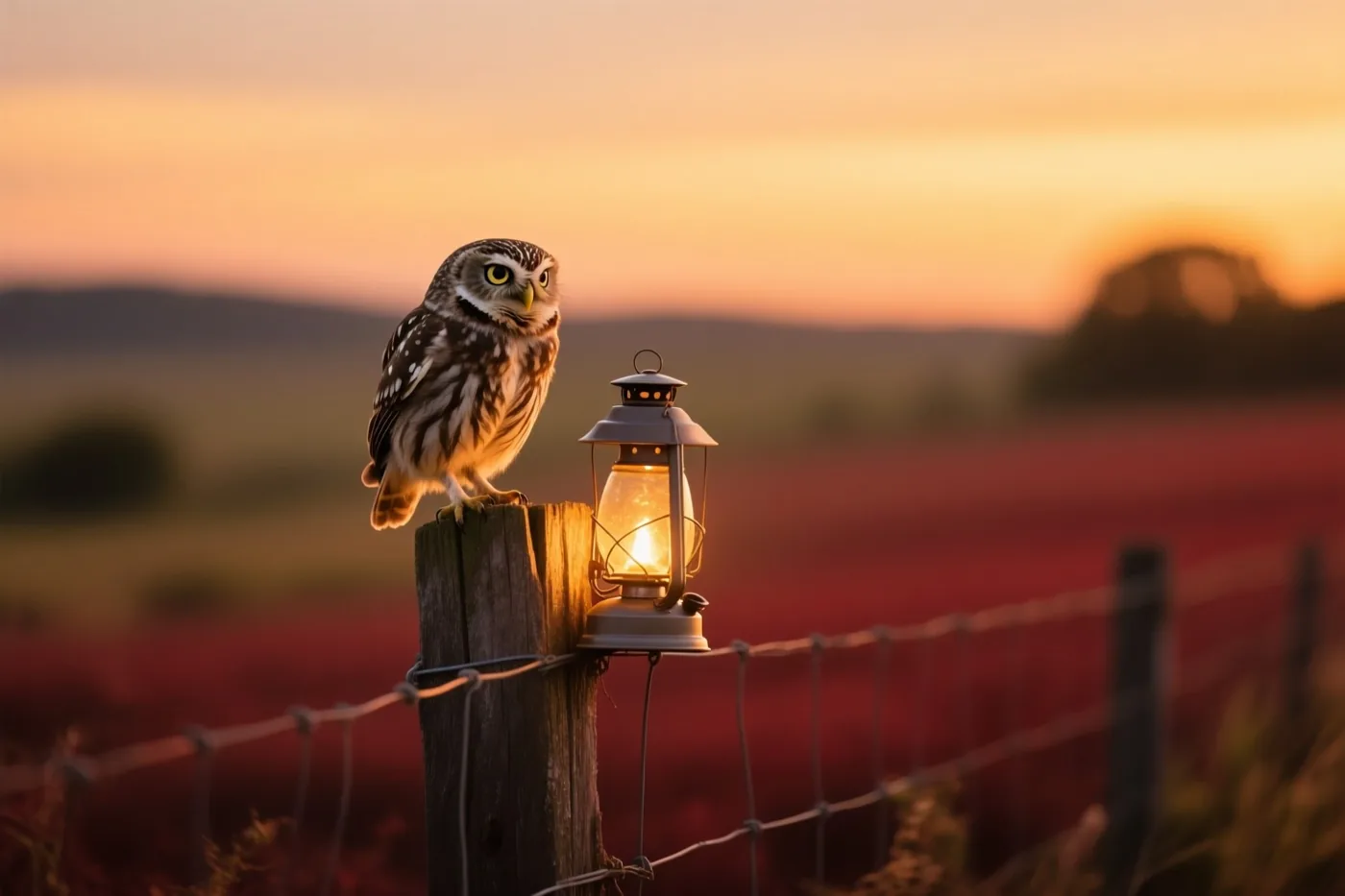 Een kleine uil zit op een houten weidepaal naast een brandende lantaarn, met een veld rode bloemen onder een warme avondlucht achteraan.