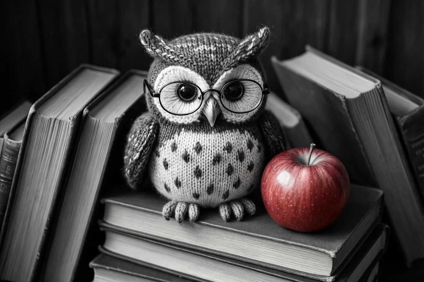 Een gebreide uil met een bril zit op een stapel boeken naast een felrode appel, tegen een donkere houten achtergrond in verder monochrome tinten.