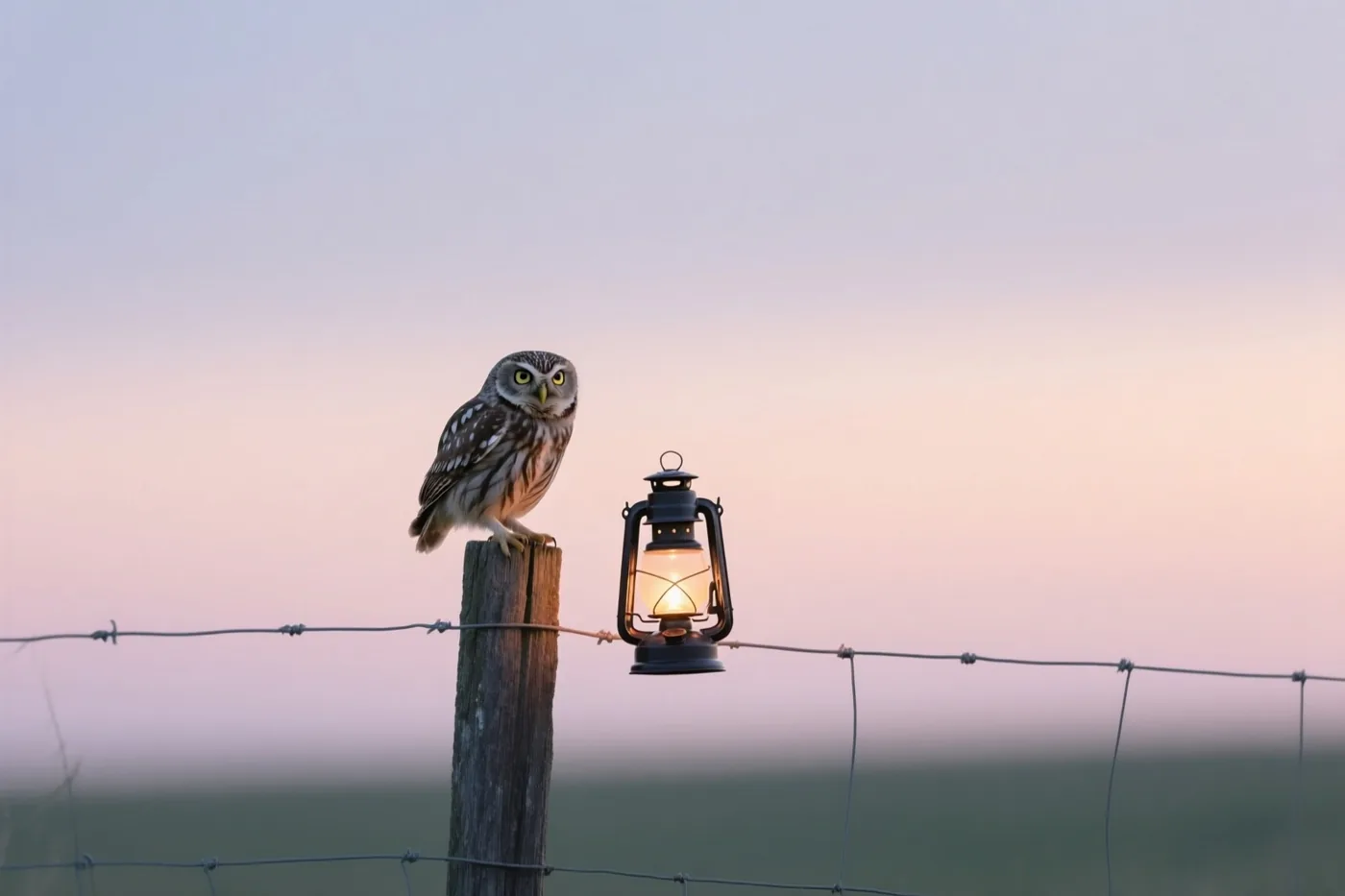 Een kleine uil zit op een houten weidepaal naast een brandende lantaarn die aan het hek hangt, onder een pastelroze en blauwe schemerlucht.