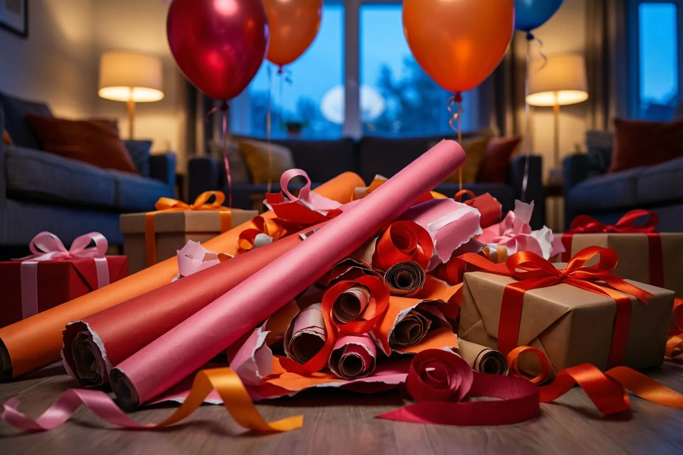 Gescheurd inpakpapier, gekrulde linten en open cadeaudozen liggen op een houten woonkamervloer onder zwevende ballonnen in warm lamplicht.