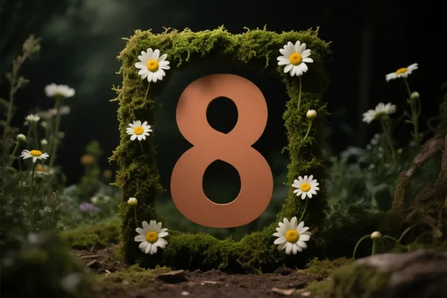 Een uitgesneden 8 staat centraal in een vierkant kader van groen mos met witte madeliefjes in een landelijke tuin tegen een donkere, onscherpe achtergrond.