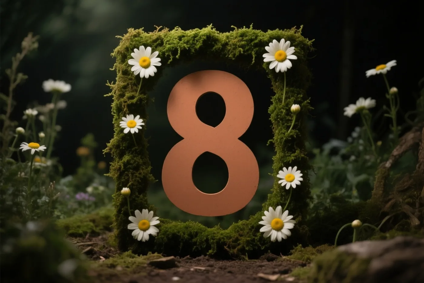 Een uitgesneden 8 staat centraal in een vierkant kader van groen mos met witte madeliefjes in een landelijke tuin tegen een donkere, onscherpe achtergrond.