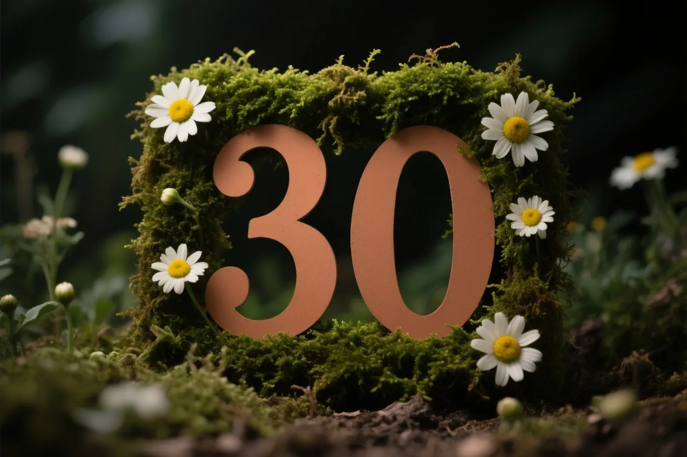 Het getal 30 is uitgesneden uit een groene moslijst met madeliefjes in een rustieke tuin.