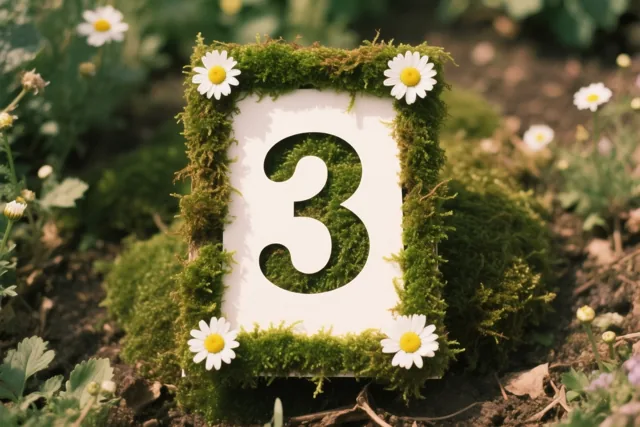 Een uitgesneden cijfer 3 staat in een met groen mos bedekt kader met witte madeliefjes, in een landelijke tuin met bruine aarde.