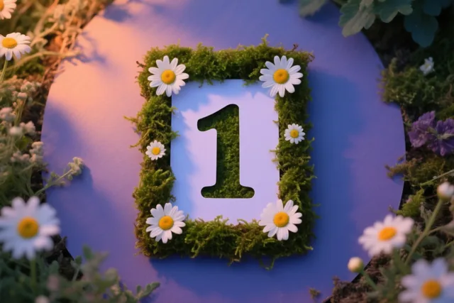 Een uitgesneden cijfer 1 is omlijst met groen mos en omringd door witte madeliefjes in een landelijke tuinomgeving.