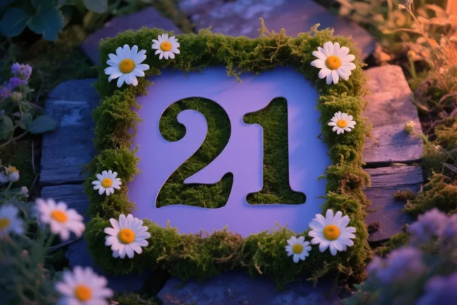 Een uit mos uitgesneden getal 21 is omlijst met groen mos en witte madeliefjes in een tuin met houten planken en zachte paarse en groene tinten.