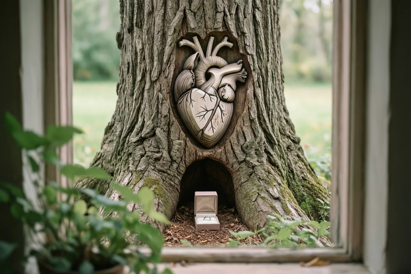 Door een raamkozijn is een oude boom met een anatomisch hartvormig snijwerk in de schors en een open ringdoosje in een holte eronder te zien, met groen op de voorgrond.