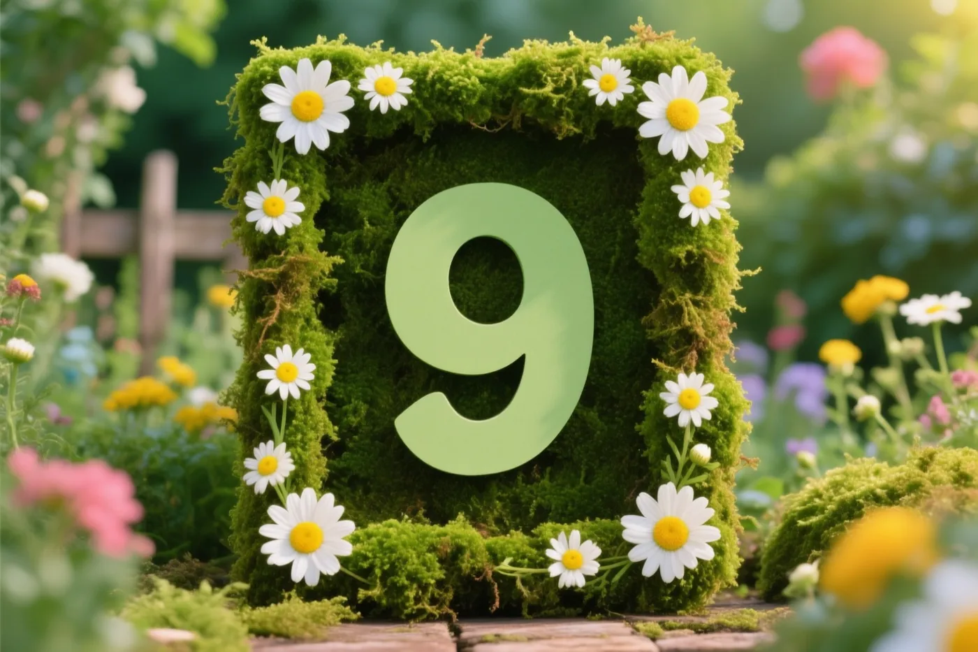 Een 9 is uitgesneden uit een met mos bedekt kader met madeliefjes in een landelijke tuin, met een houten pad in zacht zonlicht.