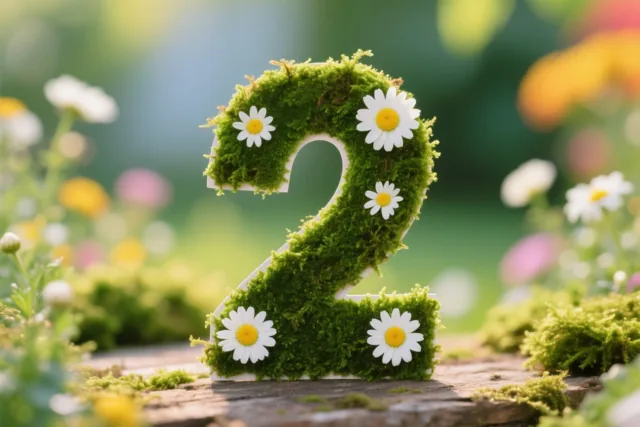 Een cijfer 2 is uitgesneden in een groen moskader met madeliefjes in een landelijke tuinomgeving.