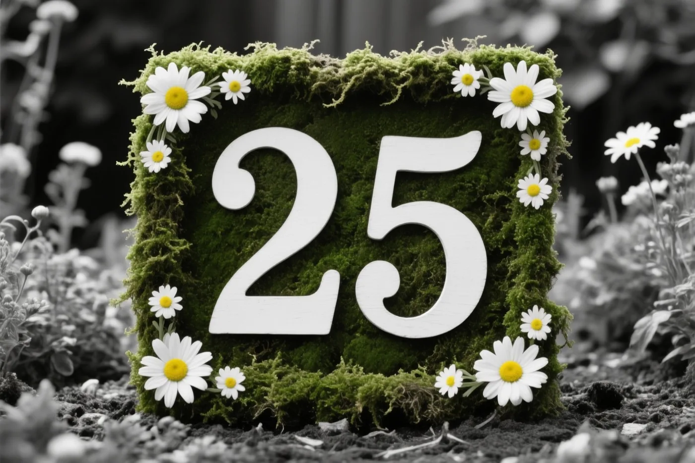 Het getal 25 is uitgesneden uit een groene moslijst met madeliefjes in een rustieke tuin, met groen, wit en geel als hoofdkleuren.