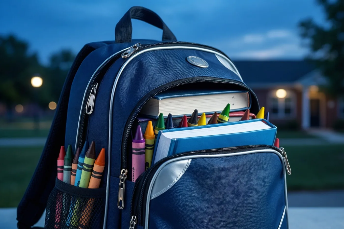 Uit het hoofdvak en zijvak van een blauwe boekentas puilen boeken en kleurrijke waskrijtjes, buiten in de schemering met een huis en straatlichten onscherp op de achtergrond.