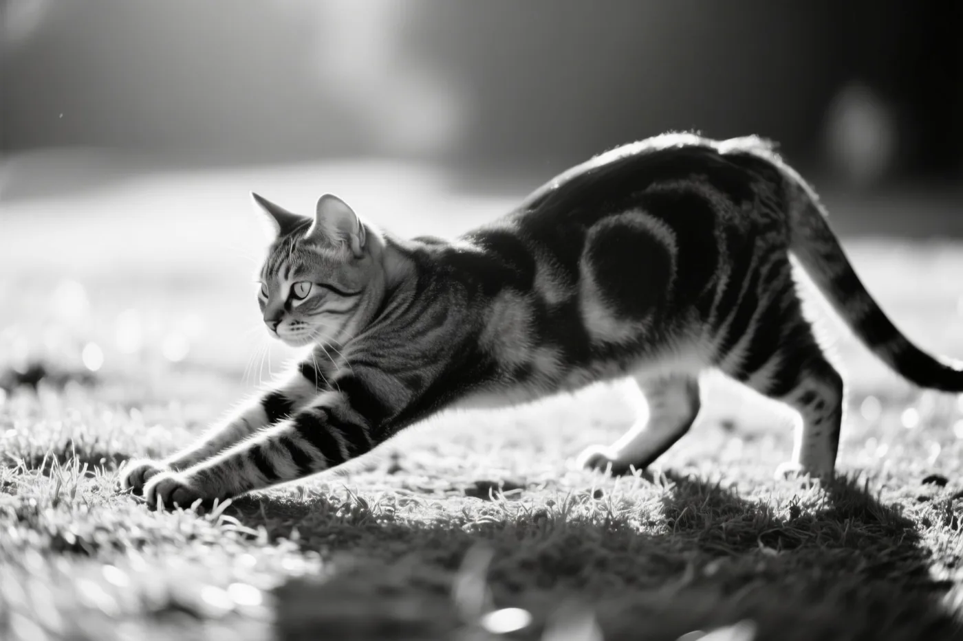 Een zwart-witfoto toont een gestreepte kat die zich uitrekt op gras in de ochtendzon.