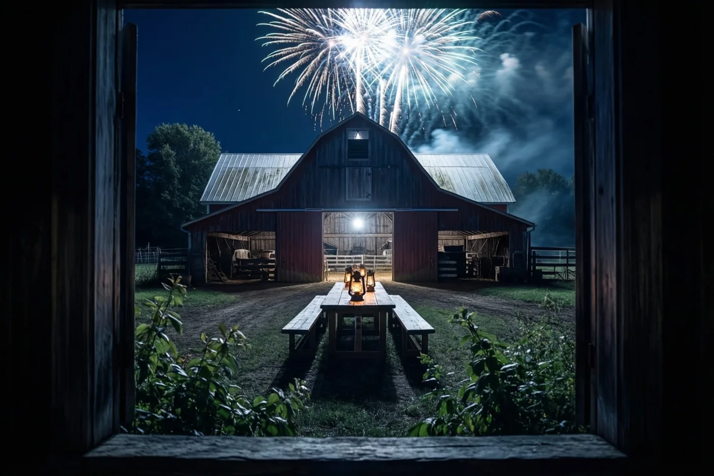 Vanuit een donkere kamer biedt een open houten raam uitzicht op een rode schuur, een lange houten tafel met banken en lantaarns op een boerenerf, met vuurwerk aan de donkerblauwe hemel.