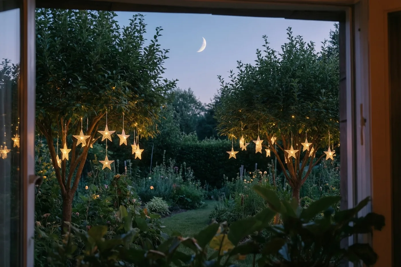 Door een open raam met groen op de voorgrond is een tuin in de schemering te zien met brandende sterlantaarns in de bomen en een maansikkel aan de hemel.