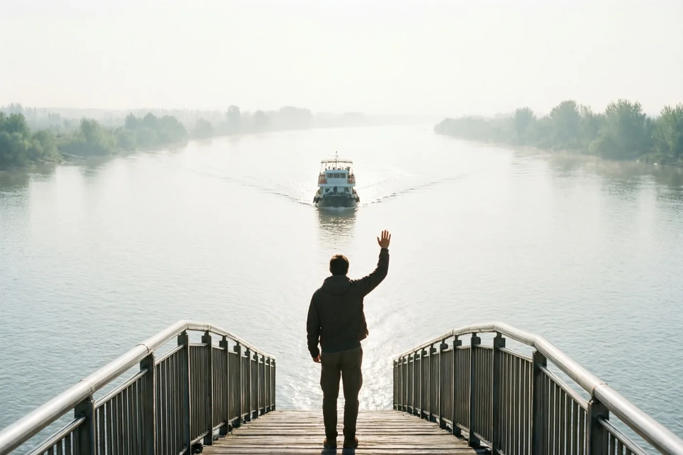Iemand zwaait vanaf een houten steiger met metalen leuningen naar een wegvarende boot op een brede rivier, met mist, groene oevers en een nevelige lucht.