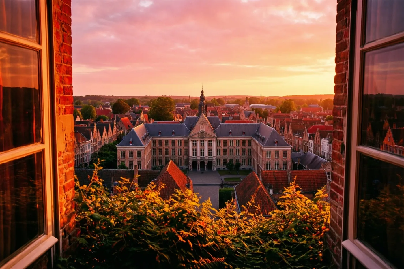 Door een raam tussen bakstenen muren is een historisch universiteitsgebouw in een Vlaams stadje te zien onder een oranje en roze hemel, met goudverlicht groen op de voorgrond.
