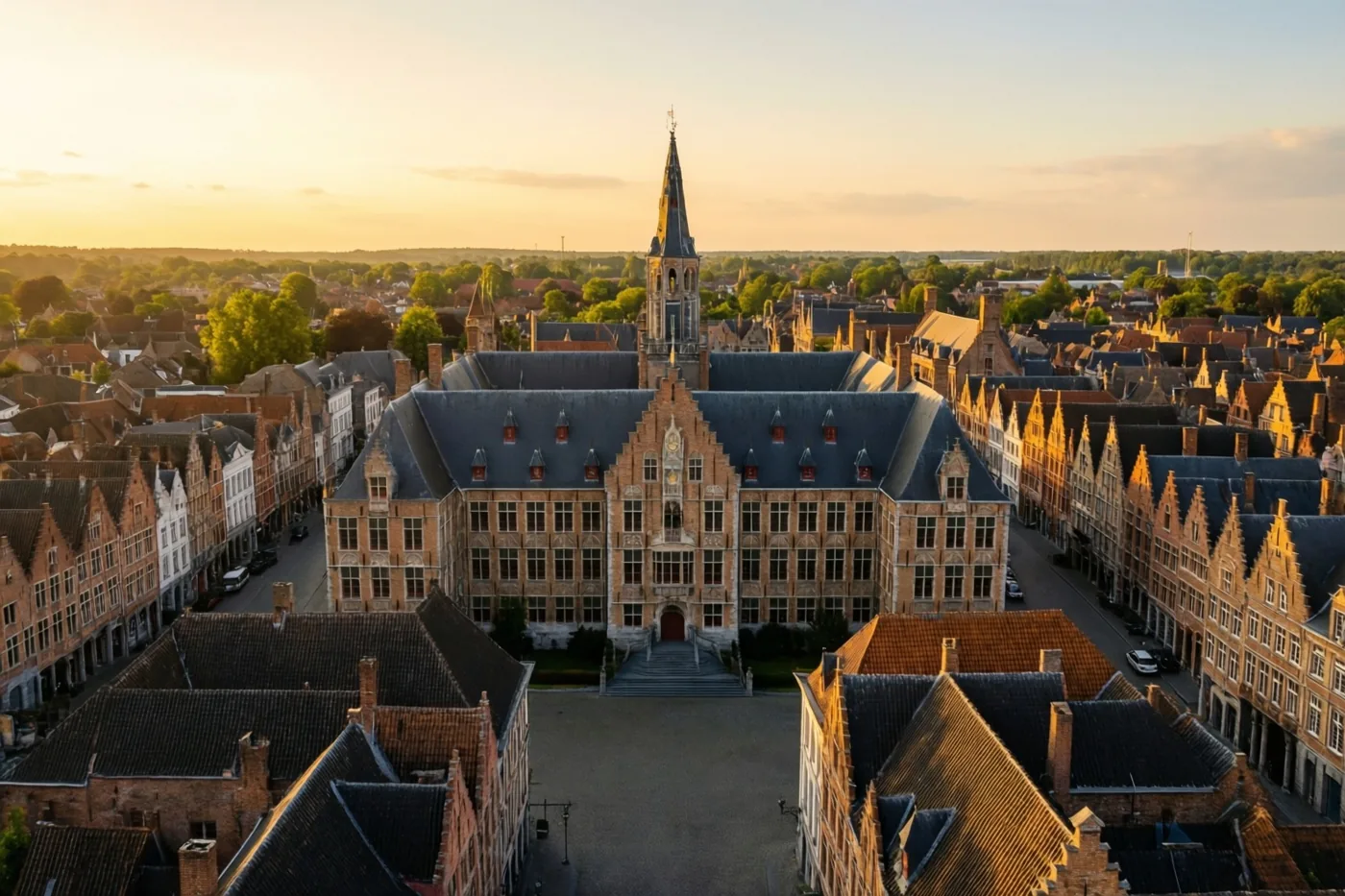 Een luchtbeeld toont een historisch universiteitsgebouw tussen bakstenen huizen met puntdaken in een Vlaams stadje, in het gouden licht van de ondergaande zon.