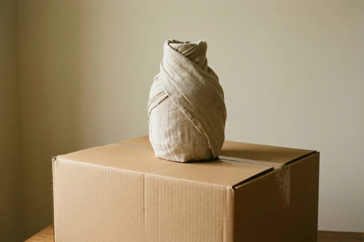 Een verhuisdoos met daarop een in linnen gewikkelde vaas staat op een houten oppervlak tegen een effen, lichte muur.