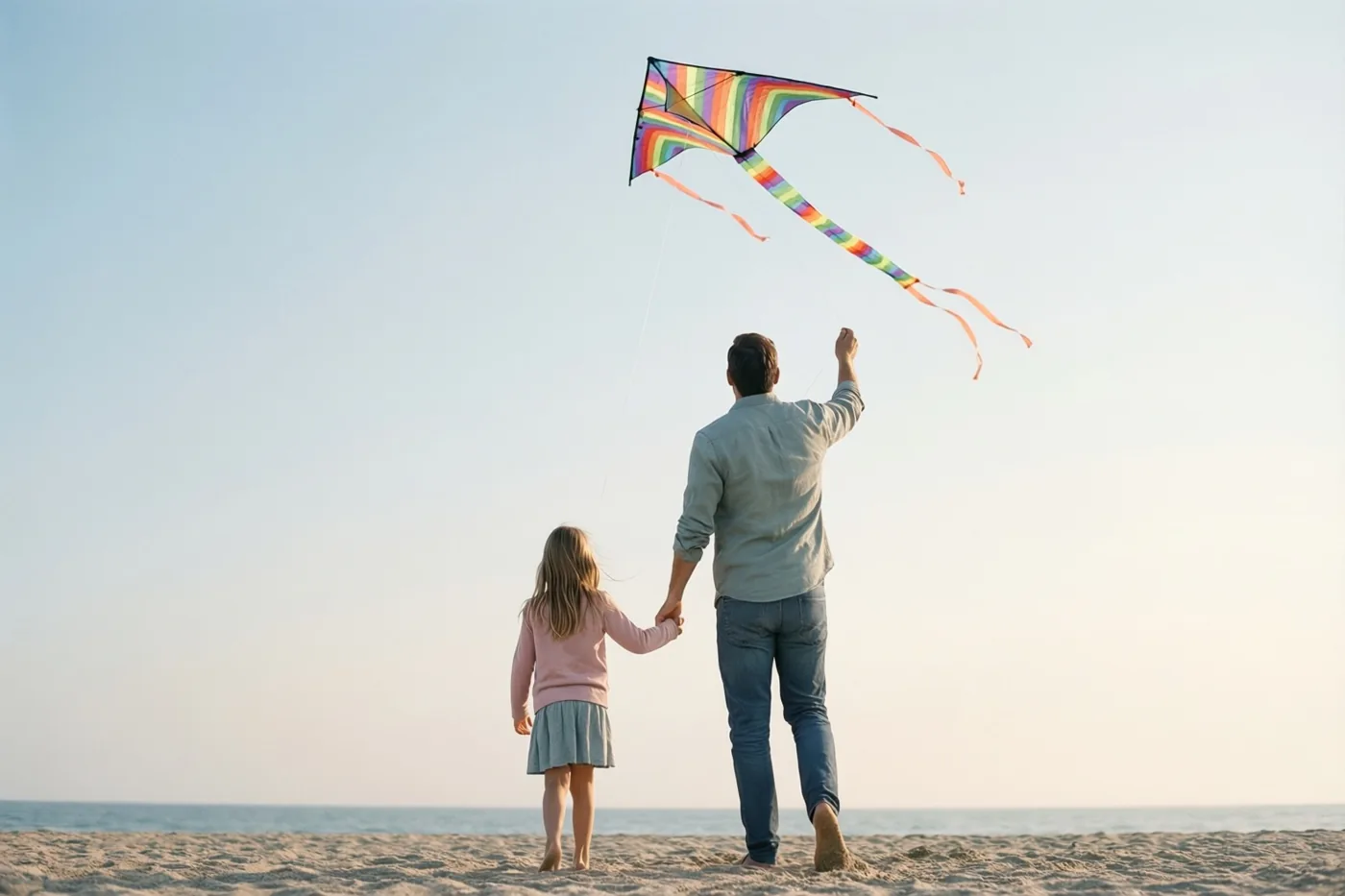 Een vader en dochter houden van achteren gezien elkaars hand vast en laten een kleurrijke vlieger op boven een zandstrand, met de zee in de verte.