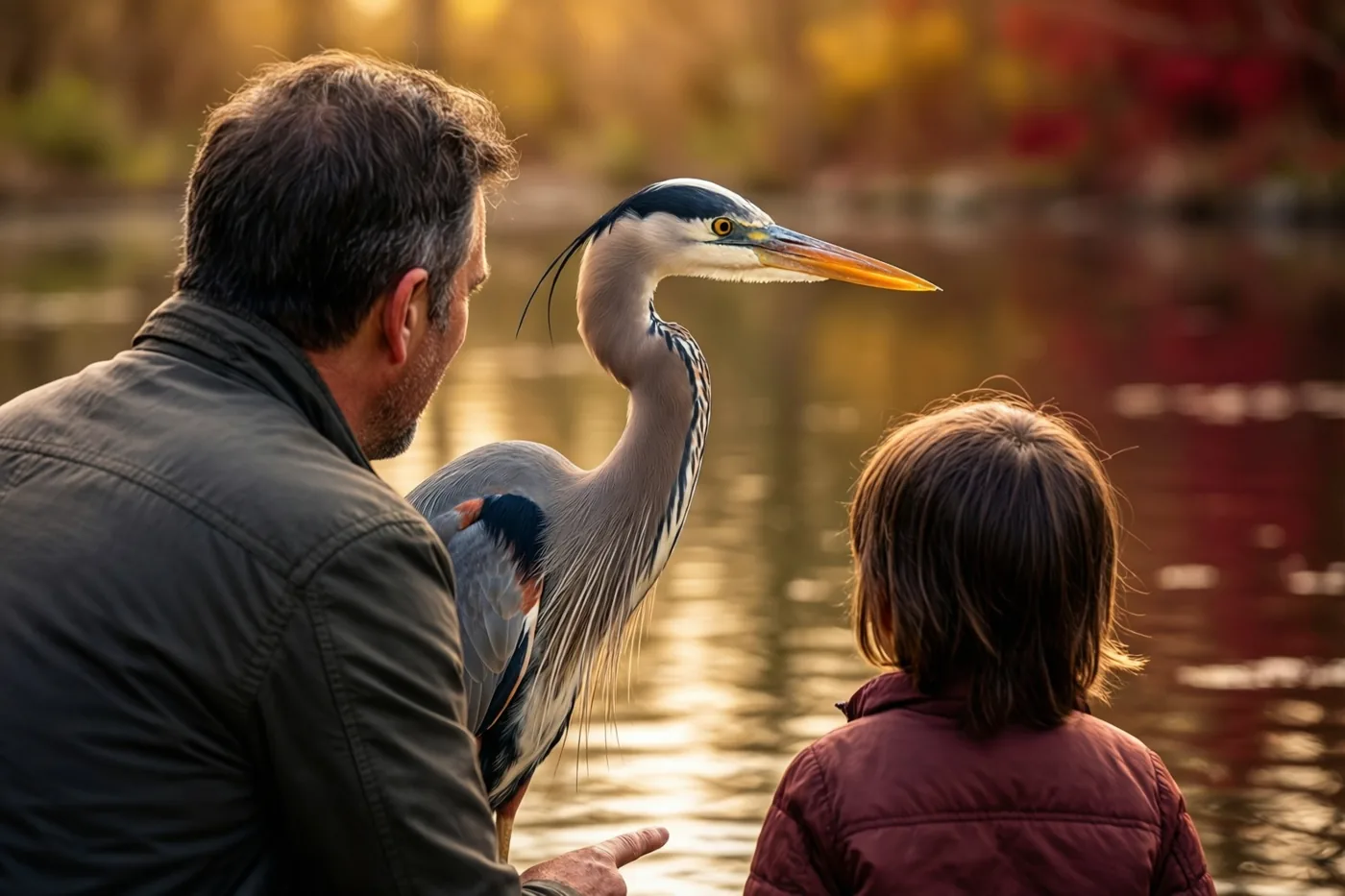 Een vader wijst naast zijn kind naar een grote reiger in het water, met goudkleurig licht en onscherpe herfstkleuren op de achtergrond.