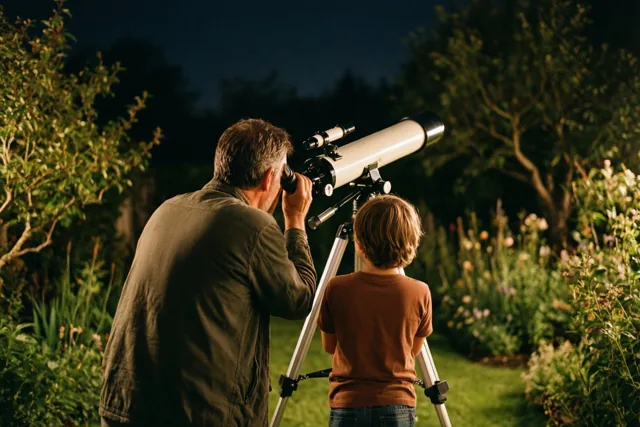 Een vader en kind kijken van achteren gezien door een telescoop in een tuin bij nacht, omringd door groen en verlicht door warm kunstlicht onder een donkere hemel.