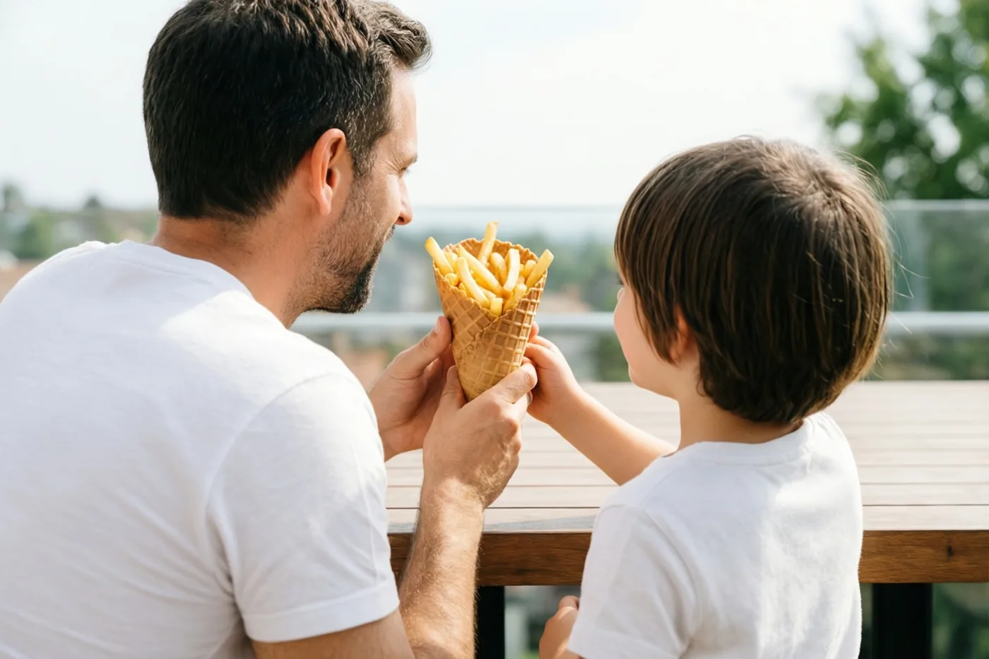 Een vader en kind delen van achteren gezien een wafelhoorntje met frieten op een houten terras, met onscherp groen en lucht op de achtergrond.