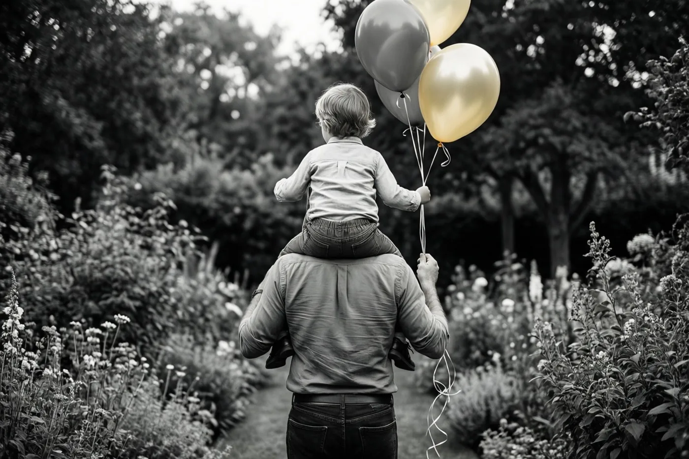 Een vader loopt met een kind op zijn schouders door een tuin, allebei met ballonnen die goud- en zilverkleurig afsteken tegen het verder zwart-witte beeld.