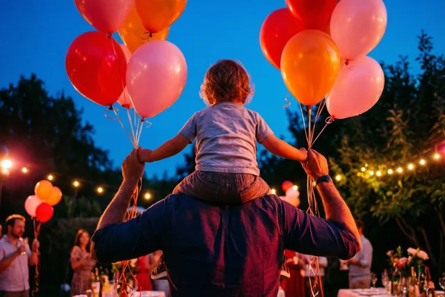 Een vader draagt een kind op zijn schouders tijdens een tuinfeest in de schemering, terwijl ze rode, oranje en roze ballonnen vasthouden onder warm verlichte lichtslingers en een diepblauwe lucht.