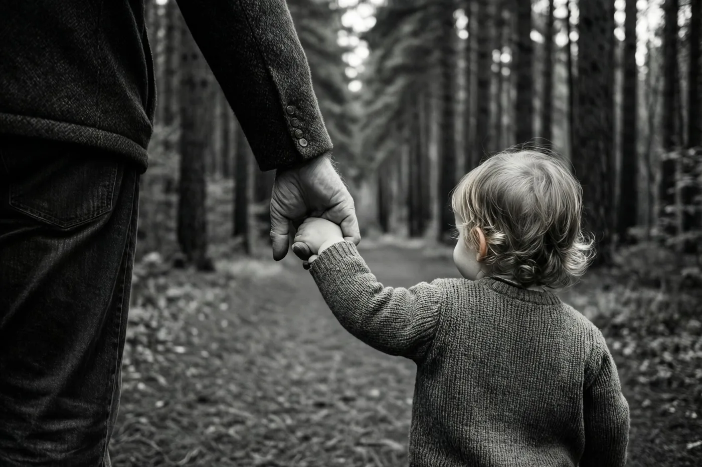 Een vader houdt de hand van een klein kind vast tijdens een wandeling over een bospad, op een zwart-witfoto.