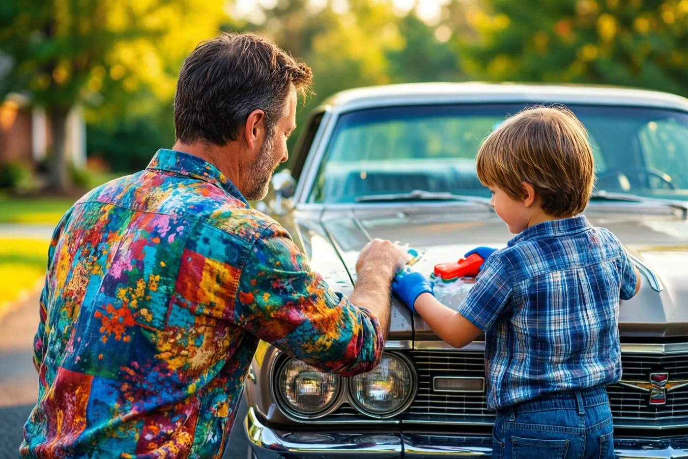 Een vader in een felgekleurd hemd met patroon en zijn jonge zoon wassen van achteren gezien samen een oldtimer op een oprit in gouden zonlicht.