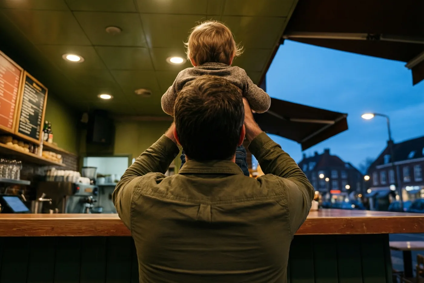 Een vader tilt een klein kind op aan de toonbank van een café of restaurant, met warm licht binnen en een blauwe avondlucht buiten.