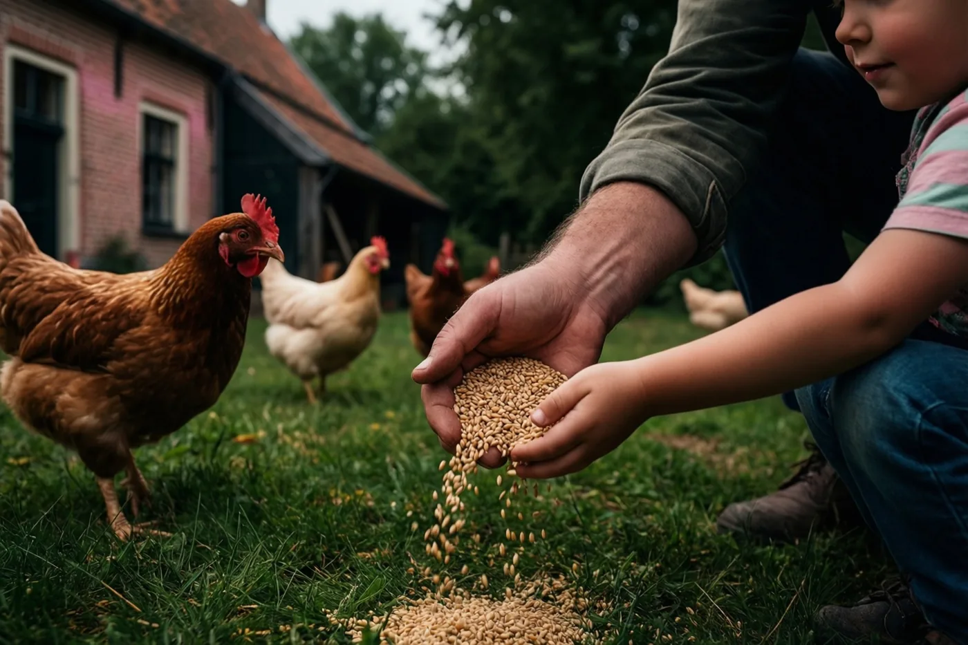 Een vader en kind hurken hand in hand in het gras en strooien graan voor kippen, met een bakstenen Vlaamse hoeve op de achtergrond.