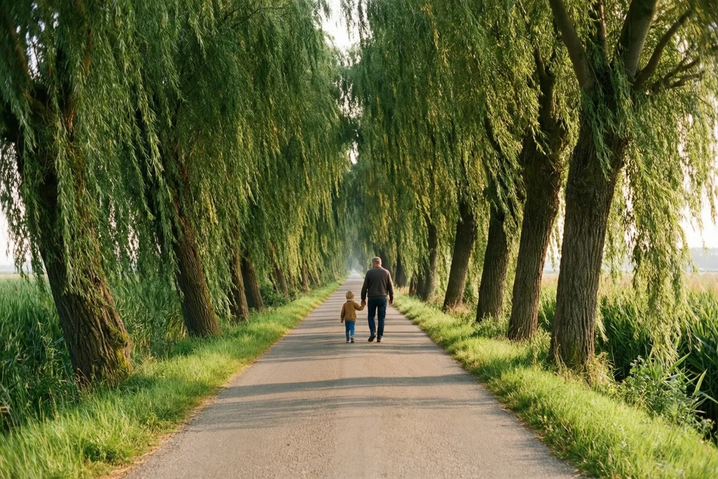 Een vader en kind wandelen hand in hand over een verharde weg tussen hoge wilgen met veel blad, in zacht natuurlijk licht.