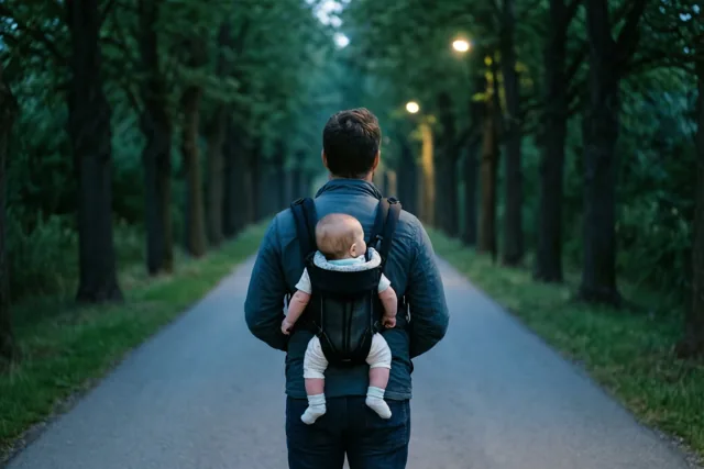 Een vader loopt met een baby in een draagzak over een pad met bomen bij schemering, gezien van achteren in zachte groene en blauwe tinten.