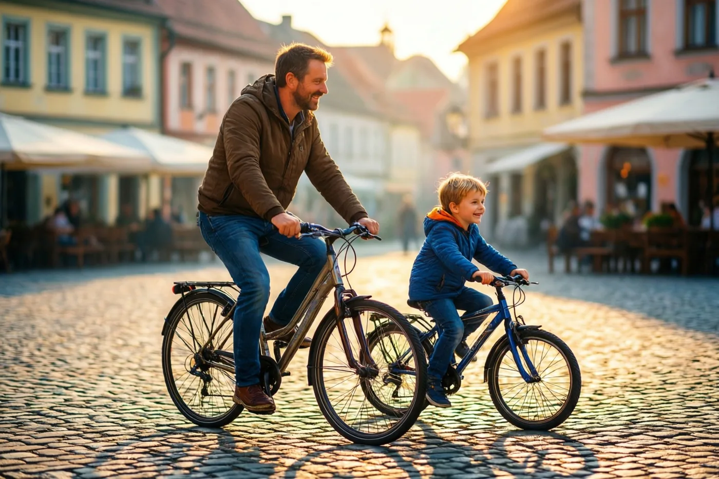 Een vader en zijn jonge zoon fietsen in blauwe jassen naast elkaar over een dorpsplein met kasseien in warm ochtendlicht.